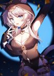  1girl absurdres animal_ears animal_hood armpits belt black_gloves black_leotard blue_eyes breasts cat_ears cat_girl cat_hood cat_tail cipher_(honkai:_star_rail) cleavage coin commentary_request elanore fingerless_gloves gloves grey_hair highres holding holding_coin honkai:_star_rail honkai_(series) hood hooded_leotard large_breasts leotard mole mole_on_breast shoes short_hair_with_long_locks solo spotlight tail thigh_belt thigh_strap thighs twitter_username white_shoes yellow_nails 