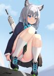  1girl absurdres akinoji_(akiponpon27) animal_ear_fluff animal_ears ass assault_rifle bag blazer blue_archive blue_eyes blue_scarf buttoned_cuffs buttons collared_shirt commentary_request cross_hair_ornament extra_ears gun hair_between_eyes hair_ornament halo highres jacket kneehighs long_sleeves looking_at_viewer medium_hair mismatched_pupils panties pantyshot peeing peeing_self plaid_clothes plaid_skirt pleated_skirt rifle scarf school_bag school_uniform shiroko_(blue_archive) shirt shoes sidelocks sig_556 sig_sauer skirt sneakers socks solo squatting tiptoes underwear weapon white_panties white_socks wolf_ears wolf_girl 
