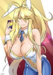  1girl absurdres ahoge animal_ears artoria_pendragon_(fate) artoria_pendragon_(swimsuit_ruler)_(fate) artoria_pendragon_(swimsuit_ruler)_(first_ascension)_(fate) bare_shoulders blonde_hair blue_pantyhose braid breasts card cleavage clothing_cutout detached_collar fate/grand_order fate_(series) fishnet_pantyhose fishnets green_eyes hair_between_eyes highleg highleg_leotard highres large_breasts leotard long_hair looking_at_viewer navel navel_cutout necktie pantyhose playboy_bunny playing_card ponytail rabbit_ears rabbit_tail s4ika sidelocks smile solo tail thighs tiara white_leotard wrist_cuffs 