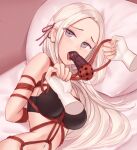  1girl 1other absurdres alternate_breast_size arms_behind_back artist_request bare_shoulders bdsm black_bra blonde_hair bondage bound bra breasts commission dildo_gag dildo_reveal edelgard_von_hresvelg english_commentary fire_emblem fire_emblem:_three_houses gag gagged hair_ribbon highres holding holding_sex_toy indoors large_breasts long_hair looking_at_viewer looking_to_the_side lying navel on_bed on_side parted_bangs pillow pov pov_hands purple_eyes purple_ribbon ribbon saliva second-party_source sex_toy shade shibari sideboob solo stomach underwear upper_body 