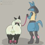 absurd_res all_fours anthro anus backsack balls bdsm blush body_blush butt butt_blush chastity_cage chastity_device claws digitigrade duo feral generation_4_pokemon generation_9_pokemon genitals hi_res holding_leash holding_object leash lucario male male/male meowscarada nintendo onesaucydragon pawpads paws petplay pokemon pokemon_(species) rear_view roleplay simple_background