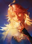  1girl ahoge alcohol bare_shoulders black_bodysuit bodysuit breasts center_opening champagne_flute cup dark_background drinking_glass earrings genshin_impact head_tilt highres holding holding_cup jewelry leather long_hair long_sleeves mavuika_(genshin_impact) multicolored_hair orange_hair parted_lips partially_unzipped red_hair sleeves_past_wrists small_breasts star_tattoo sumi_(suumiko_) sun_earrings sun_symbol sun_tattoo tattoo two-tone_hair wine 