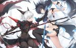  2girls battle black_bodysuit black_gloves black_hair black_shorts blue_eyes blue_hair bodystocking bodysuit breasts closed_mouth covered_navel duel fighting gloves hair_between_eyes headgear highres holding holding_polearm holding_sword holding_weapon horns long_hair looking_at_another mechanical_arms mechanical_tail medium_breasts multicolored_hair multiple_girls navel original polearm short_hair short_shorts shorts single_glove single_thighhigh small_breasts sword tail thighhighs torn_clothes very_long_hair weapon white_hair yellow_eyes yue_ying_jin_feng 