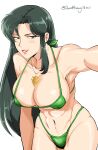  1girl armpits artist_name bikini breasts cima_garahau cleavage commentary_request david_huang green_bikini green_hair gundam gundam_0083 highres jewelry necklace smile solo string_bikini swimsuit twitter_username white_background 