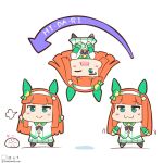  1girl 1other :&gt; :3 ;d animal_ears black_bow black_bowtie blunt_bangs bow bowtie chibi ear_covers green_eyes hairband hime_cut horse_ears horse_girl long_hair long_sleeves looking_at_viewer multiple_views one_eye_closed orange_hair pantyhose pleated_skirt shiromaru_(maniado) silence_suzuka_(umamusume) simple_background skirt smile umamusume white_background white_hairband white_skirt 
