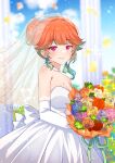 1girl absurdres bare_shoulders blue_flower blue_rose blue_sky bouquet braid braided_bun breasts bridal_veil choker cleavage closed_mouth cyanzan dress elbow_gloves flower gloves gradient_hair green_hair hair_bun highres holding holding_bouquet hololive hololive_english large_breasts looking_at_viewer multicolored_hair off-shoulder_dress off_shoulder orange_flower orange_hair orange_rose pillar pink_flower pink_rose purple_eyes red_flower red_rose rose sky smile solo takanashi_kiara upper_body veil virtual_youtuber wedding_dress white_choker white_dress white_gloves yellow_flower yellow_rose 