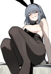  1girl animal_ears arm_support black_leotard black_pantyhose black_shoes blush borrowed_character breasts closed_eyes commentary detached_collar facing_viewer fake_animal_ears foot_out_of_frame grey_hair grin highres large_breasts legs leotard long_hair ofelia_(gogalking) original pantyhose playboy_bunny rabbit_ears rabbit_tail rusellunt shoes simple_background smile solo strapless strapless_leotard sweat tail thighs very_long_hair white_background 