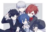  1girl 3boys amamiya_ren black_hair black_jacket black_pants black_skirt blue_hair bow bowtie closed_mouth gekkoukan_high_school_uniform glasses grey_hair hair_between_eyes highres jacket long_sleeves multiple_boys narukami_yu nodoka906 one_eye_closed opaque_glasses open_mouth pants parted_lips persona persona_3 persona_3_portable persona_4 persona_5 red_bow red_bowtie red_hair school_uniform shiomi_kotone shirt shuujin_academy_school_uniform simple_background skirt white_shirt yuuki_makoto_(persona_3) 