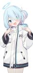  1girl :d absurdres arona_(blue_archive) blue_archive blue_eyes blue_hair blue_halo blush commentary commentary_request cosplay halo hanasaki_rin highres hood hooded_jacket jacket multicolored_hair one_side_up open_clothes open_jacket open_mouth partial_commentary pink_hair simple_background smile solo streaked_hair tongue white_background white_jacket yuzu_(blue_archive) yuzu_(blue_archive)_(cosplay) 