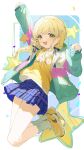  1girl absurdres arm_up blonde_hair bow coria fang fujita_kotone full_body gakuen_idolmaster hair_bow hair_ornament hairclip hand_up highres idolmaster jacket jumping long_hair long_sleeves looking_at_viewer open_clothes open_jacket open_mouth shirt shoes skirt smile socks solo white_socks yellow_eyes yellow_shirt yellow_shoes 
