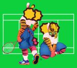 afro_puffs anthro athletic athletic_anthro athletic_male belt blonde_hair blue_eyes bottomwear brown_body brown_fur brown_hair chima_(kureto) clothed clothing crew_socks crop_top crouching denim denim_bottomwear denim_clothing denim_shorts digital_media_(artwork) equid equine facial_markings footwear front_view fur gradient_body green_background green_sclera hair head_markings hi_res kneeling kureto male male_cleavage mammal markings multicolored_body multicolored_fur multiple_angles multiple_poses muscular on_one_leg orange_body oversized_clothing parted_hair pink_body pink_fur pose rear_view shirt shoes shorts simple_background sneakers socks solo standing stripes tail tennis_court tennis_racket text topwear white_body white_clothing white_footwear white_fur white_socks zebra