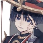  1boy black_hair black_hat black_kimono blue_eyes blunt_ends empty_eyes eyeliner eyeshadow genshin_impact gold grey_veil hand_on_own_face hat highres huiyue1016 index_finger_raised japanese_clothes jewelry jingasa juban kimono looking_at_viewer makeup male_focus neck_ring open_mouth purple_rope red_eyeliner red_eyeshadow red_hat red_kimono rope scaramouche_(genshin_impact) shimenawa single_sode smile solo veil white_background white_kimono white_mouth white_rope wispy_bangs 