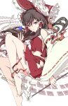  1girl absurdres bare_shoulders barefoot bow brown_eyes brown_hair chest_sarashi detached_sleeves full_body gohei hair_tubes hakurei_reimu highres holding holding_gohei ichizen_(o_tori) legs long_hair looking_at_viewer navel ofuda open_mouth red_bow red_shirt red_skirt sarashi shirt skirt solo thighs touhou white_background 