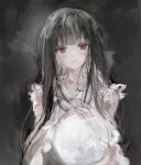  1girl black_hair closed_mouth dark_background highres hime_cut holding_moon houraisan_kaguya long_hair long_sleeves looking_at_viewer moon_(ornament) pink_shirt red_eyes sesmkun shirt smile solo touhou upper_body 