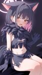  1girl absurdres animal_ears bare_shoulders black_hair blue_archive breasts cat_ears cat_girl elbow_gloves gloves halo highres kazusa_(blue_archive) kazusa_(halloween)_(blue_archive) looking_at_viewer medium_hair multicolored_hair navel pink_eyes pink_hair pink_halo small_breasts solo thighs two-tone_hair wendao werewolf_costume 
