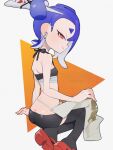  1girl ass bike_shorts black_shorts black_thighhighs blue_hair butt_crack cephalopod_eyes closed_mouth commentary_request crop_top earrings fish_hook_earrings highres jewelry long_hair octoling official_alternate_costume okobo platform_sandals red_eyes red_pupils red_sandals sandals shiver_(splatoon) shiver_(splatoon_raiders) short_eyebrows shorts simple_background single_earring sitting smile solo splatoon_(series) splatoon_raiders tentacle_hair thick_eyebrows thighhighs utfu333 watermark white_background 