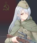  1girl absurdres ammunition_pouch artist_name battle_of_stalingrad belt bolt_action breast_pocket brown_belt brown_hat brown_jacket cloak closed_mouth collar_tabs commentary finger_on_trigger flag_background garrison_cap green_cloak gun hair_over_one_eye hat highres holding holding_gun holding_weapon jacket leochan1202 long_hair long_sleeves looking_at_viewer military military_uniform mosin-nagant original pocket pouch red_eyes red_star rifle sniper_rifle solo soviet soviet_army soviet_flag star_(symbol) upper_body weapon white_hair world_war_ii 