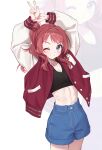  1girl ;) arms_up blue_eyes blue_shorts breasts brown_hair chobi_(penguin_paradise) cleavage closed_mouth collarbone commentary_request denim denim_shorts gakuen_idolmaster hair_intakes hanami_saki highres idolmaster jacket long_hair long_sleeves looking_at_viewer medium_breasts one_eye_closed puffy_long_sleeves puffy_sleeves red_jacket short_shorts shorts smile solo v-shaped_eyebrows white_background zoom_layer 