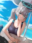  1girl absurdres animal_ears arm_up beach blue_archive blue_eyes blue_swimsuit blush bottle breasts day deriolet ear_piercing fingernails grey_hair halo hand_on_own_cheek hand_on_own_face heterochromia highres holding_hands horizon looking_at_another ocean parasol piercing ponytail sensei_(blue_archive) shiroko_(blue_archive) shiroko_(swimsuit)_(blue_archive) smile sweat sweatdrop swimsuit table umbrella water_bottle wiping_sweat wolf_ears wolf_girl 