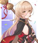  1girl bangs blonde_hair breasts broom closed_mouth confetti hair_between_eyes highres holding holding_broom light_brown_hair long_hair looking_at_viewer medium_breasts mugimugigo nijisanji nui_sociere red_ribbon ribbon sideboob solo upper_body virtual_youtuber 