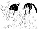  2girls :t ^^^ animal_ear_fluff animal_ears bare_arms bare_shoulders bushidou_(sekaiju) bushidou_2_(sekaiju) closed_mouth doctor_magus doctor_magus_4 dress greyscale hair_ribbon highres hug kemonomimi_mode long_sleeves monochrome multiple_girls nikki_kyousuke ponytail pout ribbon ringlets sekaiju_no_meikyuu sitting sleeveless sleeveless_dress small_sweatdrop surprised sweat translation_request white_background wide_sleeves 
