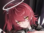  1girl 1other arknights artist_name black_gloves black_jacket breasts commentary cross cross_earrings doctor_(arknights) earrings energy_wings exusiai_(arknights) exusiai_the_new_covenant_(arknights) fingerless_gloves gloves halo highres holding_another&#039;s_wrist holding_hands hood hood_down hooded_jacket jacket jewelry medium_breasts mildt no_panties one_side_up open_clothes open_jacket paid_reward_available pelvic_curtain red_hair sweat thighhighs thighs three-quarter_sleeves traditional_halo white_halo white_thighhighs yellow_eyes 