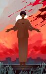  1boy black_hair blood blood_splatter building cloud commentary_request copyright_name full_body highres looking_at_viewer male_focus meguriya_ayumu motoiwork outdoors outstretched_arms pants red_sky shirt short_hair skeleton sky solo spread_arms standing sun toshi_densetsu_kaitai_center triangle_necklace white_pants white_shirt yellow_eyes 