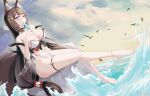  1girl absurdres ahigashi_(3098644761) amagi_(azur_lane) amagi_(wending_waters_serene_lotus)_(azur_lane) animal_ear_fluff animal_ears azur_lane barefoot bikini bird breasts brown_hair brown_tail cloud cloudy_sky fox_ears full_body hand_on_own_chest highres large_breasts long_hair multiple_tails ocean official_alternate_costume open_bikini open_clothes sitting sitting_on_rock sky solo swimsuit tail thigh_strap very_long_hair white_bikini 