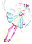  1girl abstract aqua_hair belt blue_dress blue_streaks bracelet brown_belt brown_shoes choker closed_eyes closed_mouth commentary_request dress floating_hair frilled_shirt_collar frills hair_ribbon hand_up hatsune_miku highres jewelry karakuri_pierrot_(vocaloid) lace-up_top mask masking_tape_(medium) mixed_media multicolored_hair nemuri! pantyhose pink_choker pink_pantyhose pink_ribbon profile ribbon shoes short_sleeves straight-on streaked_hair traditional_media twintails two-tone_dress unconventional_media white_background yellow_dress 