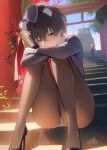  1girl animal_ear_fluff animal_ears architecture black_eyes black_hair black_hat black_jacket black_pantyhose black_shoes blue_archive blush breasts crossed_bangs day east_asian_architecture extra_ears flag flower garrison_cap gloves hair_between_eyes hair_flower hair_ornament half-closed_eye halo hashtag-only_commentary hat high_heels highres holding holding_flag jacket knees_up large_breasts legs long_sleeves looking_at_viewer official_alternate_costume one_eye_closed outdoors panties panties_under_pantyhose pantyhose pantyshot pumps raccoon_ears raccoon_girl red_flag red_halo shoes short_hair signature sitting sleepy solo_focus squeans stairs stiletto_heels thighs timy torii tour_guide tsubaki_(blue_archive) tsubaki_(guide)_(blue_archive) underwear white_gloves 