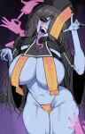  1girl ace_glitch ambiguous_purple_liquid areola_slip black_hair black_nails black_shrug blue_skin blue_tongue blush breasts chinese_clothes cleavage colored_areolae colored_skin colored_tongue commentary cowboy_shot dark_background disembodied_hand english_commentary groin hair_over_one_eye hand_up hat head_tilt highleg highres huge_breasts jiangshi legs_together long_hair long_tongue looking_at_viewer maebari middle_finger navel ofuda ofuda_on_head ofuda_on_nipples ofuda_on_pussy one_eye_covered open_mouth original pasties penetration_gesture pink_eyes qingdai_guanmao sharp_teeth short_sleeves shrug_(clothing) smile solo talisman teeth tongue tongue_out upper_teeth_only very_long_hair wide_sleeves 