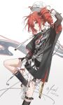  1girl absurdres arm_warmers black_ribbon black_shirt black_socks blush closed_mouth drill_hair hair_ribbon highres kasane_teto kieed kneehighs leash red_eyes red_hair red_nails ribbon shirt shoes skirt socks solo standing standing_on_one_leg t-shirt twin_drills utau white_shoes white_skirt 