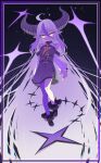  1girl absurdly_long_hair ahoge ankle_cuffs ascot black_boots black_dress boots braid closed_mouth commentary demon_horns detached_sleeves dress glowing glowing_eyes grey_hair hair_between_eyes highres hololive horns keven_(ewdx3754) la+_darknesss la+_darknesss_(1st_costume) long_hair long_sleeves looking_at_viewer multicolored_hair o-ring pantyhose pointy_ears purple_hair purple_pantyhose single_leg_pantyhose solo streaked_hair striped_horns very_long_hair virtual_youtuber yellow_ascot yellow_eyes 