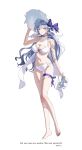  1girl alternate_costume bare_arms bare_shoulders bikini blue_hair breasts cleavage commentary earrings english_commentary full_body hand_up hat head_wings highres holding holding_sandals honkai:_star_rail honkai_(series) jewelry legs long_hair looking_at_viewer parted_lips q_(llll4414_j) robin_(honkai:_star_rail) sandals simple_background smile solo standing stomach sun_hat swimsuit twitter_username very_long_hair white_background white_bikini white_hat white_sandals wings 