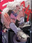  1girl absurdres alcohol animal_ear_fluff animal_ears beer black_shorts blunt_bangs bra brown_jacket building can commentary_request english_text graffiti grey_shoes head_tilt highres holding holding_can jacket jewelry long_sleeves looking_at_viewer loose_socks medium_hair navel open_clothes open_jacket open_mouth orange_eyes original outdoors pink_bra shoes shorts sitting sneakers socks speaker sports_bra stomach tail tatedano_kabae tattoo thighlet torn_clothes torn_shorts tribal_tattoo underwear white_hair white_mouth white_socks wolf_girl wolf_tail 