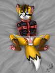  3:4 anthro bdsm bondage bound canid canine clothing drake_(drakethefox) drakethefox fox hi_res male mammal muzzle_(object) restraints rubber rubber_clothing rubber_suit solo spreader_bar straitjacket 