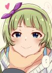  1boy 1girl absurdres blue_eyes blue_tank_top blunt_bangs blush breasts chin_on_palm_challenge cleavage collarbone eyelashes green_hair hair_ribbon hairband heart highres idolmaster idolmaster_million_live! idolmaster_million_live!_theater_days long_hair looking_at_viewer natsuki_p off-shoulder_sweater off_shoulder pov pov_hands purple_hairband ribbon shimabara_elena smile sweater tank_top white_background 