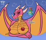  2020 absurd_res anthro big_breasts breasts crossed_arms dragon fall_guys female hi_res hinatawolf horn huge_breasts looking_at_viewer magic_dragon_(fall_guys) membrane_(anatomy) membranous_wings nipples non-mammal_breasts non-mammal_nipples nude pink_body scalie smile solo video_games western_dragon wings 