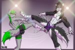  anthro athletic athletic_male ballbusting balls balls_outline bandaged_arm bandaged_leg big_balls big_bulge black_body black_hair bodily_fluids bulge canid canine canis clenched_teeth clothed clothing cock_and_ball_torture duo fluffy fluffy_tail genital_fluids genital_outline genital_torture genitals green_eyes green_hair grey_body hair hi_res kicking_balls kimero_kat male male/male mammal muscular muscular_male nipples pain pawpads precum precum_through_clothing tattoo teeth underwear wet wet_clothing wolf wrestling 