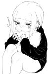  1girl absurdres barbell_piercing commentary_request ear_piercing facial_tattoo greyscale highres hood hoodie hugging_object industrial_piercing looking_at_viewer monochrome original piercing pillow pillow_hug short_hair sitting solo tattoo untsuku 