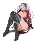  1girl ass azur_lane black_garter_straps black_gloves black_thighhighs breasts censored full_body gloves grey_hair headgear highres huge_breasts kurayuki2016 long_hair looking_at_viewer mosaic_censoring nipples prinz_eugen_(azur_lane) sideboob simple_background sitting solo thighhighs thighs underwear white_background yellow_eyes 