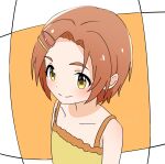  1girl bare_arms bare_shoulders brown_hair child closed_mouth flat_chest forehead hair_ornament hairclip highres idolmaster idolmaster_cinderella_girls looking_at_viewer okomerice13425 ryuzaki_kaoru short_hair smile solo split_mouth yellow_eyes 