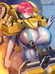  1girl :&lt; armor black_bodysuit blush bodysuit breasts charm_(object) covered_navel covered_nipples curvy electric_fan fire gigantic_breasts gradient_hair green_hair groin hair_over_one_eye hand_on_wall highres horns ignis_(last_origin) last_origin linea_alba looking_at_viewer mecha_musume multicolored_hair navel open_mouth pixiv_username power_armor red_eyes red_hair short_hair signature small_horns small_sweatdrop solo sweat tile_wall tiles twitter_username two-tone_bodysuit umigarasu_(kitsune1963) white_bodysuit 