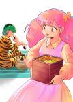  1boy 1girl animal_print apron artist_name bodysuit bow collared_bodysuit collared_dress commentary_request cone_horns dress eating fluffy_hair food green_hair hair_bow holding holding_food horns long_hair looking_at_another looking_to_the_side lunchbox miz_mus oni onigiri open_mouth pink_apron pink_eyes pink_hair pointy_ears print_bodysuit ran_(urusei_yatsura) rei_(urusei_yatsura) short_hair sitting smile standing teapot tiger_print twitter_username urusei_yatsura yellow_bow yellow_dress 