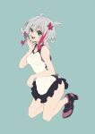  1girl absurdres bare_shoulders blue_background breasts dress frills full_body green_eyes green_nails grey_hair high_heels highres kneeling looking_at_viewer multicolored_hair open_mouth original pink_hair saitoyu00 short_hair simple_background solo teeth two-tone_hair 