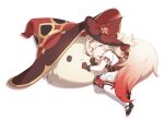  1girl black_gloves black_shoes blonde_hair bow bowtie closed_eyes dodoco_(genshin_impact) genshin_impact gloves hat hat_bow highres klee_(blossoming_starlight)_(genshin_impact) klee_(genshin_impact) luyue lying official_alternate_costume pantyhose pyro_symbol_(genshin_impact) red_bow red_bowtie red_hat red_skirt shoes simple_background skirt smile white_background white_pantyhose witch_hat 