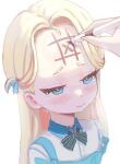  1girl apron artist_name black_bow black_bowtie blonde_hair blue_apron blue_archive blue_eyes blurry blush bow bowtie closed_mouth collared_shirt drawing_on_another&#039;s_face forehead forehead_writing from_above half-closed_eyes highres holding holding_marker long_hair marker parted_bangs polo_shirt samlooop shirt simple_background sora_(blue_archive) tearing_up tears tic-tac-toe upper_body white_background white_shirt 