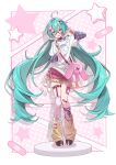  1girl absurdres ahoge alternate_costume aqua_eyes aqua_hair asymmetrical_legwear bandaid bandaid_on_leg belt_collar blue_shirt blush brown_shoes collar collarbone commentary_request drop_shadow frilled_skirt frilled_socks frills full_body grey_shirt hair_ornament hairclip hand_up hatsune_miku highres holding_strap kametaro_uu layered_shirt leg_warmers legwear_garter long_hair looking_at_viewer open_mouth pink_skirt pink_socks pink_thighhighs print_shirt rabbit_hair_ornament shirt shoes single_thighhigh skirt socks solo standing star_(symbol) striped_sleeves stuffed_animal stuffed_rabbit stuffed_toy thigh_strap thighhighs twintails v very_long_hair vocaloid white_background white_shirt x_hair_ornament yellow_leg_warmers yellow_skirt 