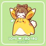  1girl ^_^ artist_name bell blush bow-shaped_hair brown_hair character_name chibi chibi_only closed_eyes commentary_request genshin_impact green_background hair_bell hair_ornament heart jingle_bell open_mouth sally_(pacch0614) solo yaoyao_(genshin_impact) yuegui_(genshin_impact) 