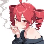  1girl absurdres ahoge black_sweater cigarette closed_mouth commentary_request drill_hair from_side highres holding holding_cigarette kasane_teto looking_at_viewer red_eyes red_hair red_nails shiguren_39 short_hair simple_background single_bare_shoulder smoke smoking solo sweater twin_drills upper_body utau white_background 